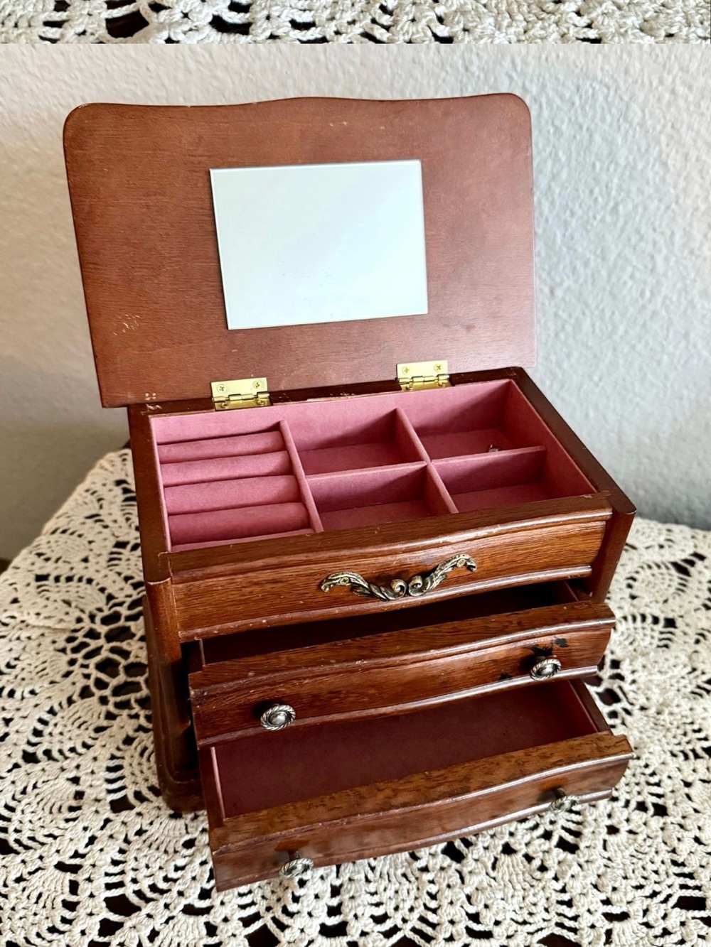 Wooden Jewelry Organizer with Rose Pink Velvet Interior